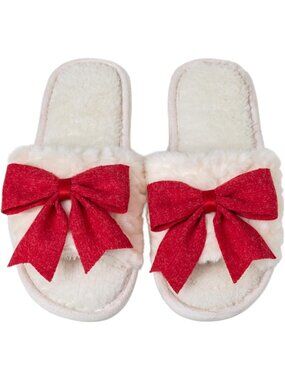 Women's Red Fuzzy Bow House Slippers Memory Foam Slides Open Toe Plush Fleece